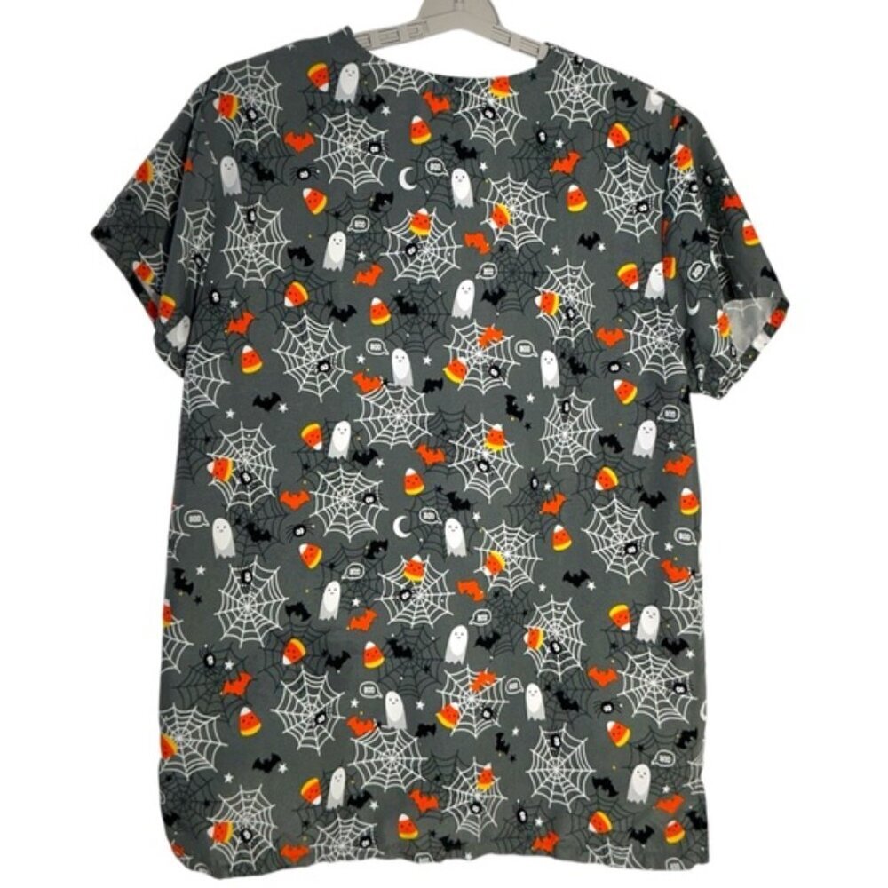 Cassandra O Halloween Theme Scrub Top Pockets Candy Corn Ghosts Gray Multi XL - Picture 4 of 16